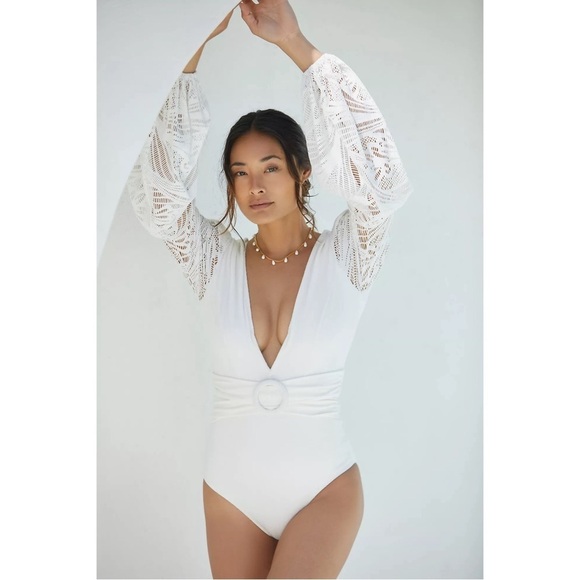 PATBO METALLIC LACE PLUNGE LONG SLEEVE ONEPIECE SWIMSUIT / BODYSUIT WHITE S NWT - Picture 2 of 11